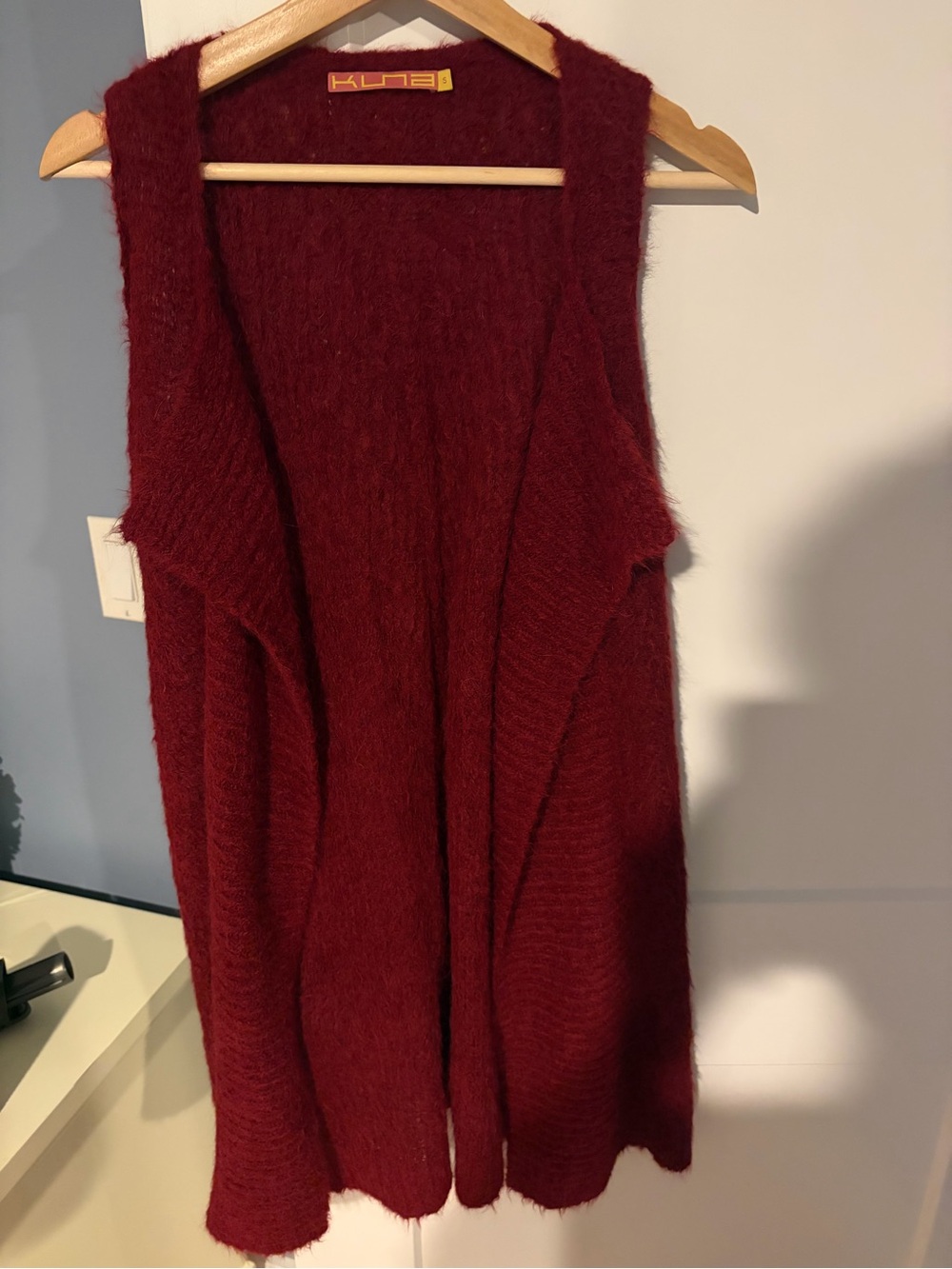 Kuna Siri Alpaca Open Front Long Knit Sweater Vest Burgundy Red